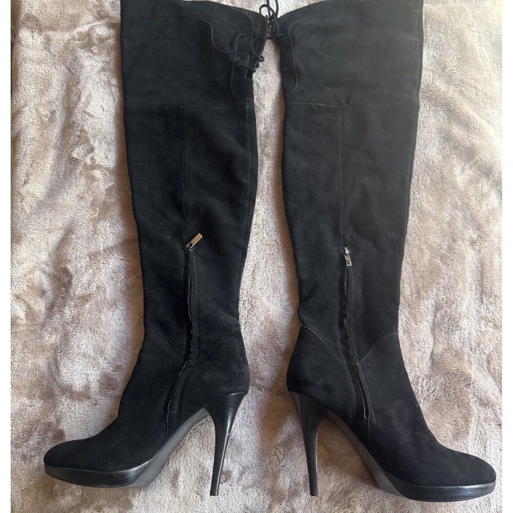 Sam Edelman Boots Women 9 Vesey Over The Knee Black Suede High Heel Zip Lace Up